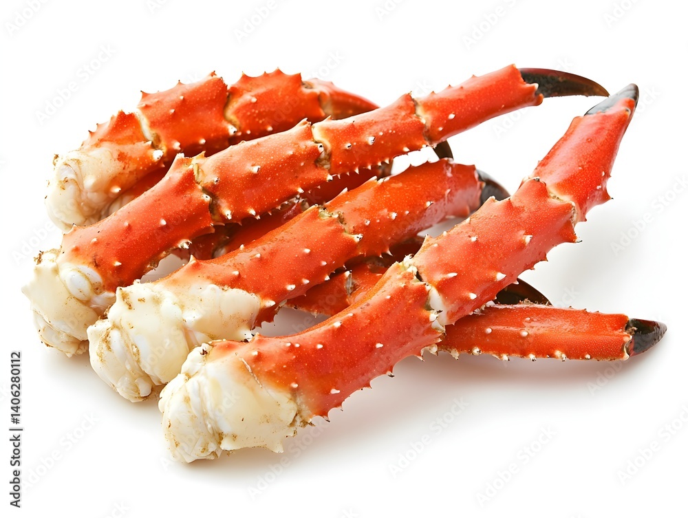 Delicious red king crab legs arranged on a pristine white background ready for a gourmet seafood meal. Delicious red king crab legs arranged on a pristine white background ready for a gourmet seafood meal.