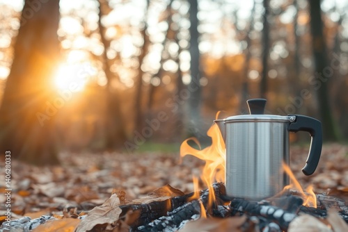 Percolator on fire outdoors in nature autumn leaves