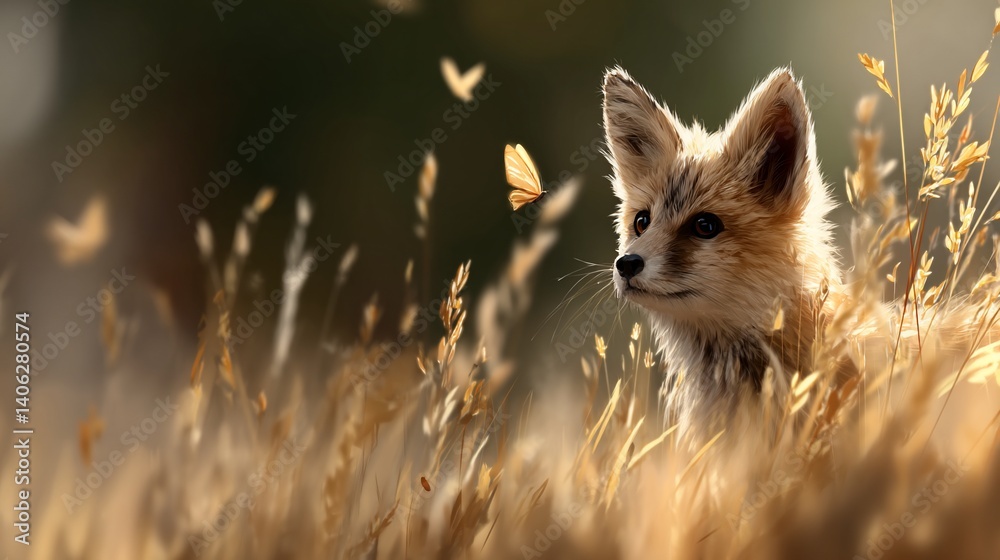 Obraz premium Adorable fox kit amidst tall grass, butterflies fluttering nearby