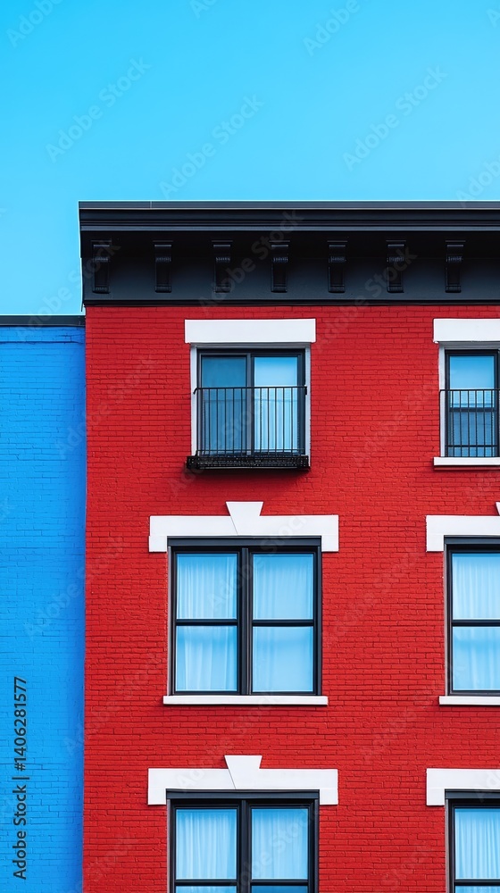 Fototapeta premium Vibrant building facade with blue, red hues, geometric window patterns & clear sky above
