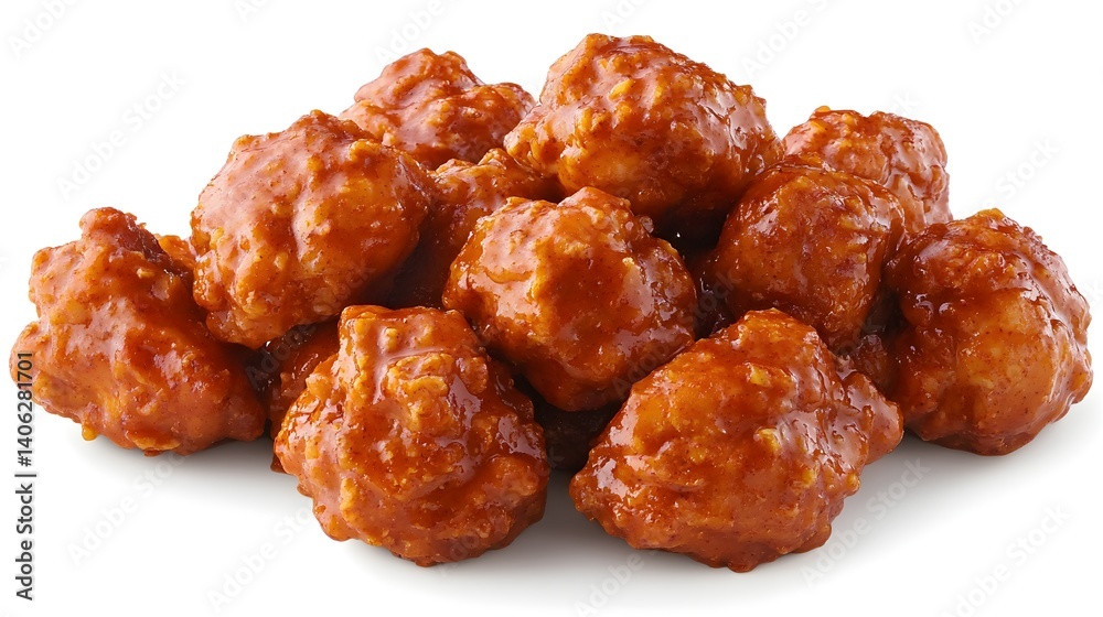 A delicious pile of crispy boneless chicken wings glazed in a rich, savory, and sweet orange sauce sits on a white background. A delicious pile of crispy boneless chicken wings glazed in a rich, savory, and sweet orange sauce sits on a white background.