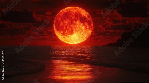 Full red moon reflected on a wavy ocean surface, land mass in the background. Dramatic and vibrant