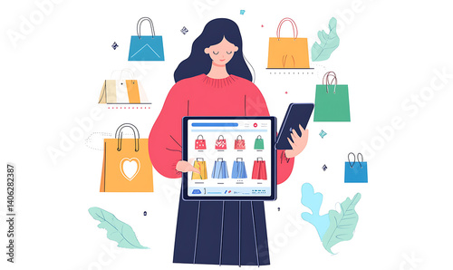 Online shopping, digital selling, ecommerce process, and customer experience through modern illustrated scenes on white background.