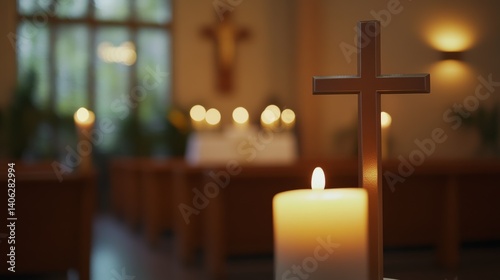 A Christian cross stands on a traditional church altar, and the church interior is quiet and sacred with warm lighting, symbolizing faith, worship, spirituality and religiosity in a peaceful sanctuary