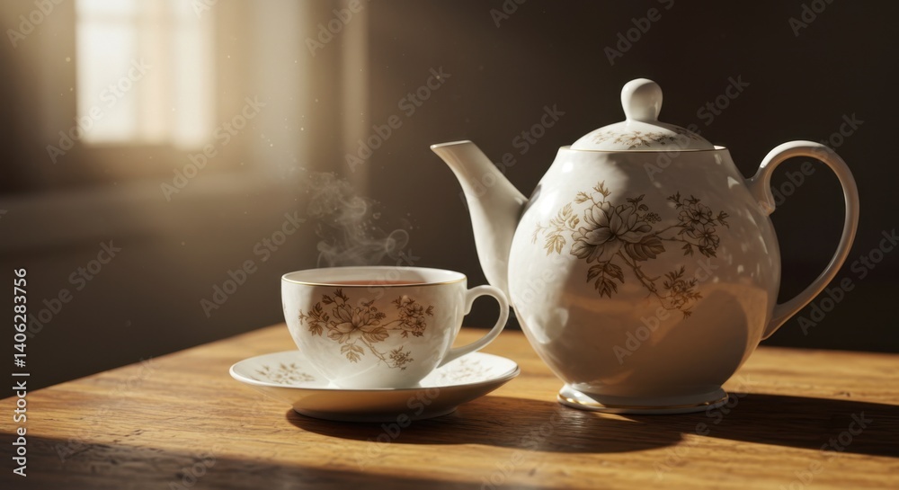 Aromatic Tea Time: Steam Rising from Elegant Teacup and Pot Aromatic Tea Time: Steam Rising from Elegant Teacup and Pot