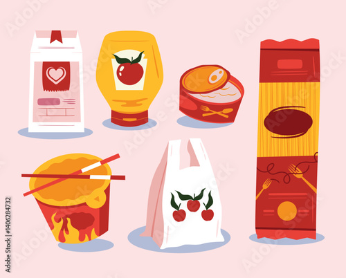 Grocery Illustration Set for Food Market Packaging Kitchen Recipes with Vegetables Fruits Bread Cans Bottles