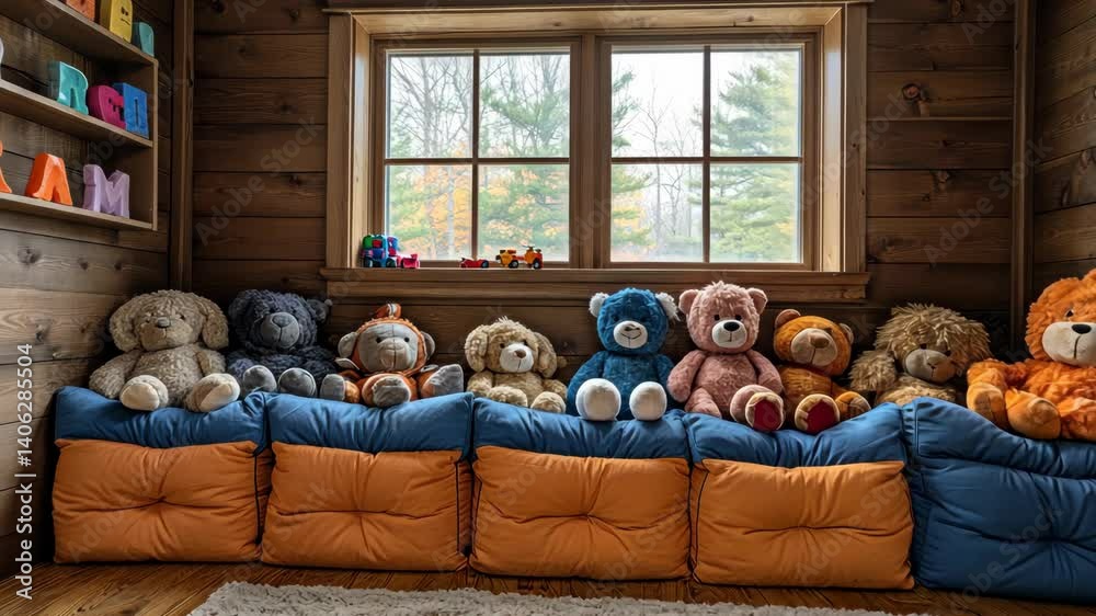 Cozy Teddy Bear Reading Nook in a Rustic Wooden Room