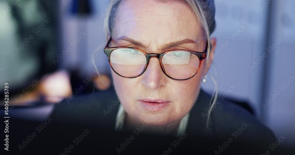 Cybersecurity, reading and computer with woman in office for server, software encryption and cloud protection. Data breach, glasses and hacker prevention with mature person at night for IP tracking Cybersecurity, reading and computer with woman in office for server, software encryption and cloud protection. Data breach, glasses and hacker prevention with mature person at night for IP tracking