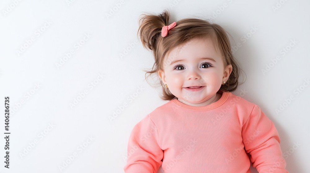 Naklejka premium Happy toddler girl in coral sweater white background stock photo