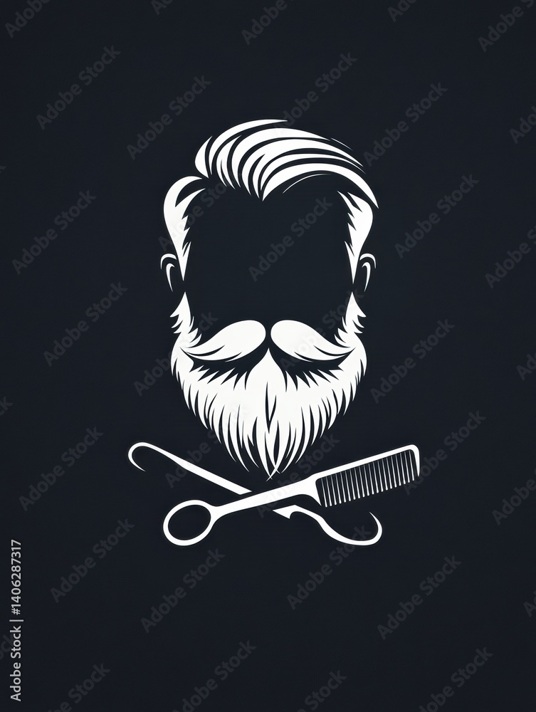 Stylized beard logo featuring crossed scissors and comb on a flat dark background for barber shop branding