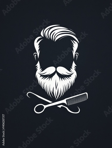 Obraz na płótnie Stylized beard logo featuring crossed scissors and comb on a flat dark background for barber shop branding w salonie