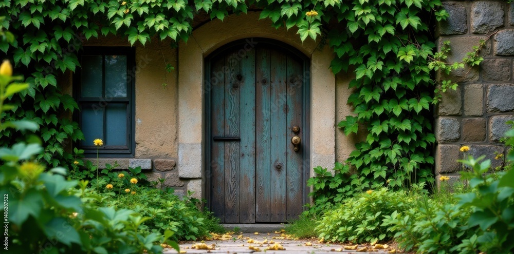 Old, worn wooden door with overgrown plants and vines , decayed, wilderness, forest Old, worn wooden door with overgrown plants and vines , decayed, wilderness, forest