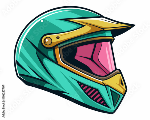 Teal and Gold Motocross Helmet Illustration
