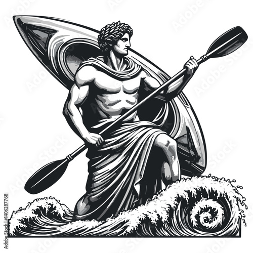 Mythical Hero Paddling Through Waves in Bold Black and White Style  