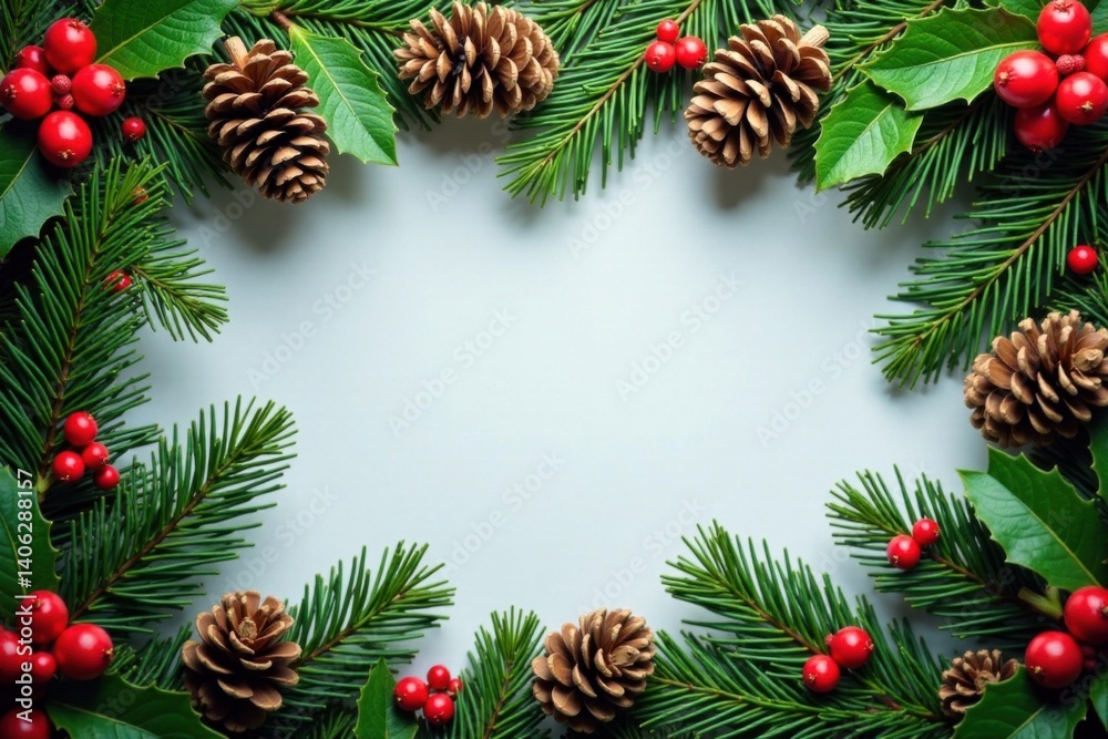Fir branches with pine cones and holly berries surround a festive Christmas border, snowflakes, frosty atmosphere, snowy scene Fir branches with pine cones and holly berries surround a festive Christmas border, snowflakes, frosty atmosphere, snowy scene