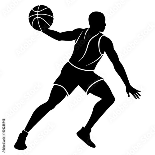 High-energy silhouette of a basketball player with an overhead slam dunk – ideal for competitive sports graphics, basketball challenge posters, and athletic apparel designs