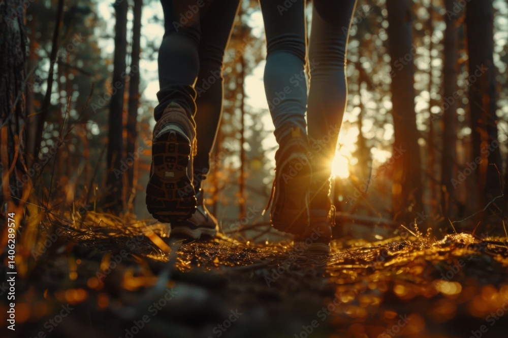 Hikers walking in forest in sunset light Hikers walking in forest in sunset light