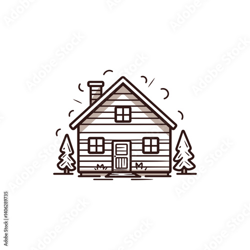 Line Art of a Wood Cabin with Trees and Chimney on Transparent Background