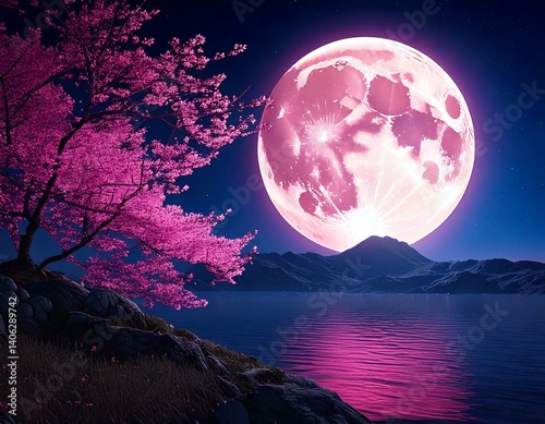 Night fantasy landscape with a big moon, sakura branch, pink neon. 3D illustration photo