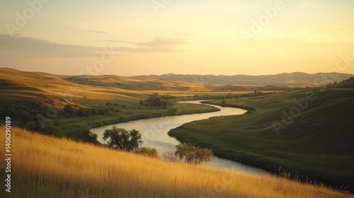 Golden hour paints a serene river valley landscape with rolling hills