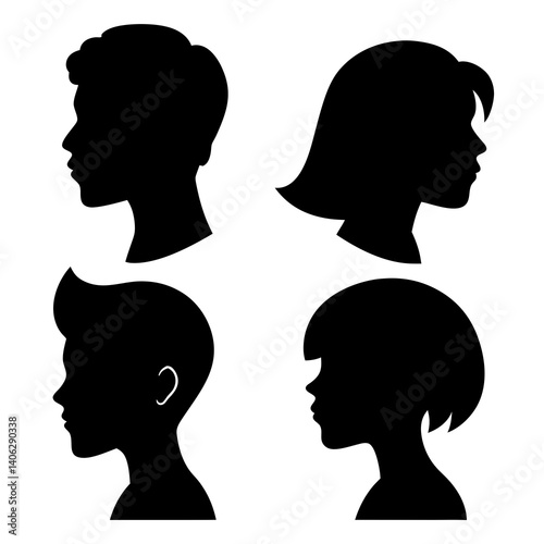Silhouette Set of Diverse People Profiles on White Background