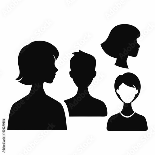 Silhouette Set of Diverse People Profiles on White Background