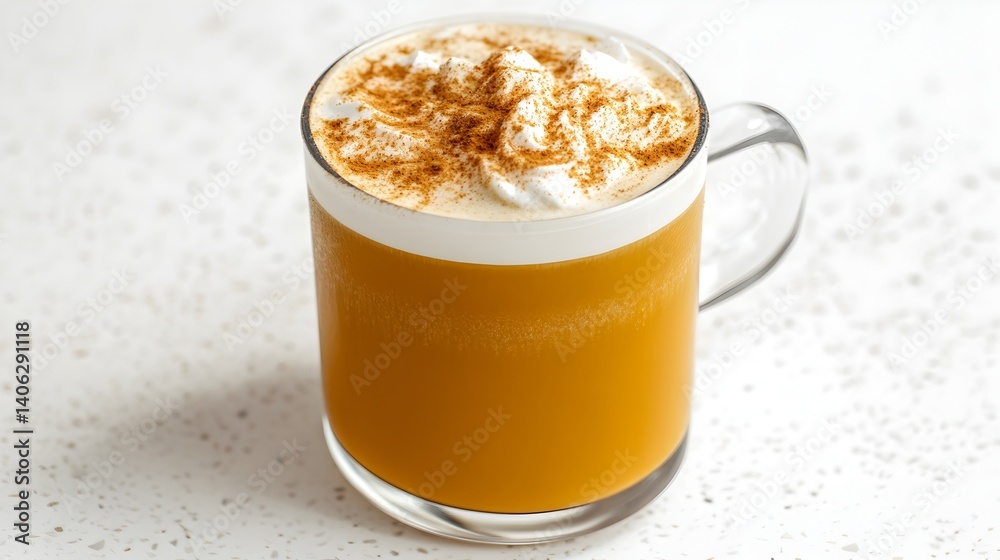 A delicious pumpkin spice latte topped with whipped cream and cinnamon sits in a clear glass mug on a white background. A delicious pumpkin spice latte topped with whipped cream and cinnamon sits in a clear glass mug on a white background.