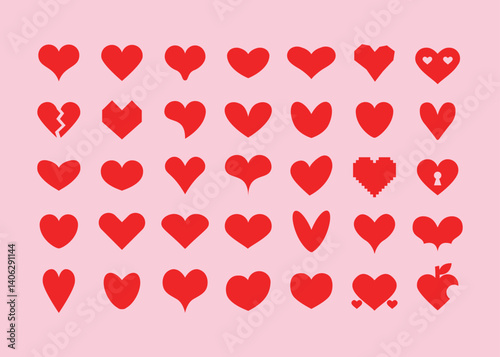 Complete cute red silhouette and isolated different assorted heart shapes icons design element set on pink background poster