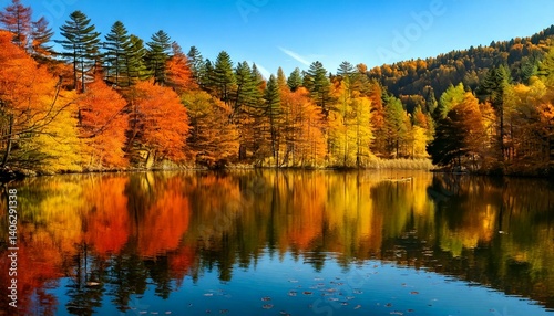 Panoramic stunning photo of fall foliage reflected on a lake with a glass-like mirror water 