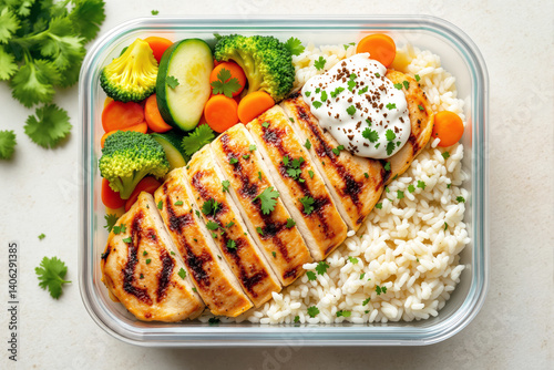 Obraz na płótnie Grilled chicken breast with rice, steamed vegetables, and yogurt topping in a glass container on a light background, concept of healthy food prep. Ai generative w salonie