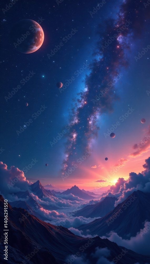 Cosmic landscape of stars and planets in outer space, space, galaxies, stars Cosmic landscape of stars and planets in outer space, space, galaxies, stars