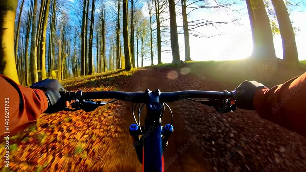 Vue subjective en VTT sur sentier forestier au coucher du soleil – expérience immersive et naturelle de sport à la première personne