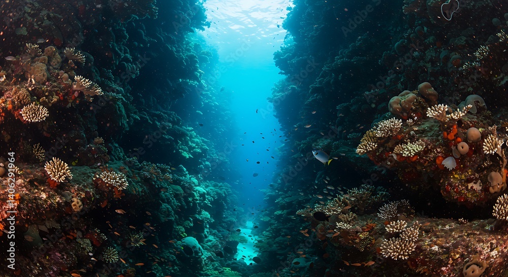 Obraz premium Diving Through Underwater Canyon with Tropical Fish and Coral Reef