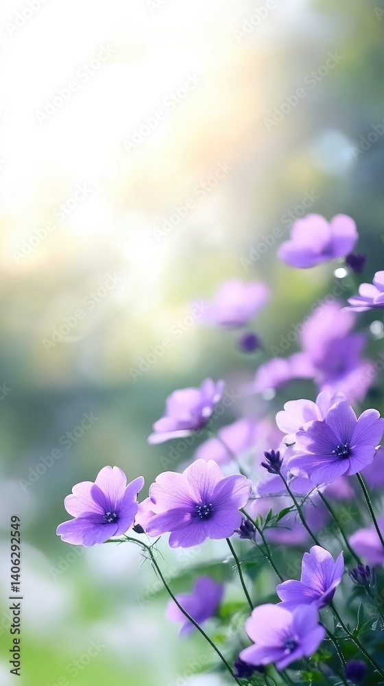 Fototapeta premium Purple flowers bokeh background delicate blooms natural light