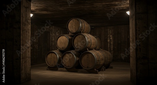 Wine or Whiskey Barrels Stacked in a Dark Rustic Cellar