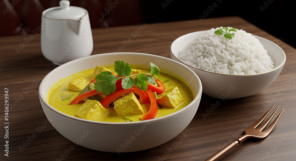Tofu Yellow Curry with Rice Served on Tabletop Ready to Eat Tofu Yellow Curry with Rice Served on Tabletop Ready to Eat