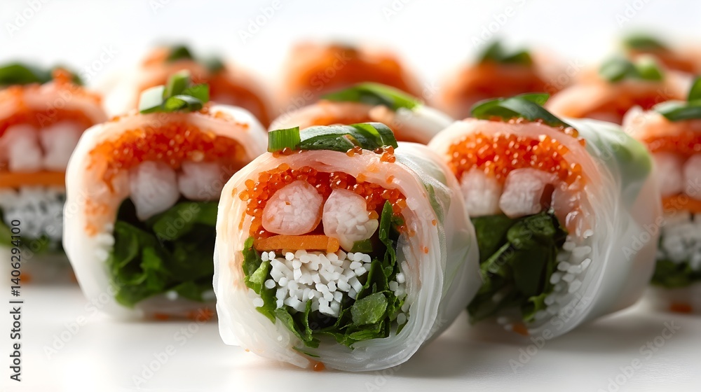 Delicious shrimp and vegetable sp rolls garnished with tobiko and scallions artfully arranged on a white plate ready to be served. Delicious shrimp and vegetable sp rolls garnished with tobiko and scallions artfully arranged on a white plate ready to be served.