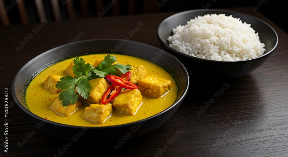 Serving of Yellow Tofu Curry with Rice in Black Bowls Serving of Yellow Tofu Curry with Rice in Black Bowls
