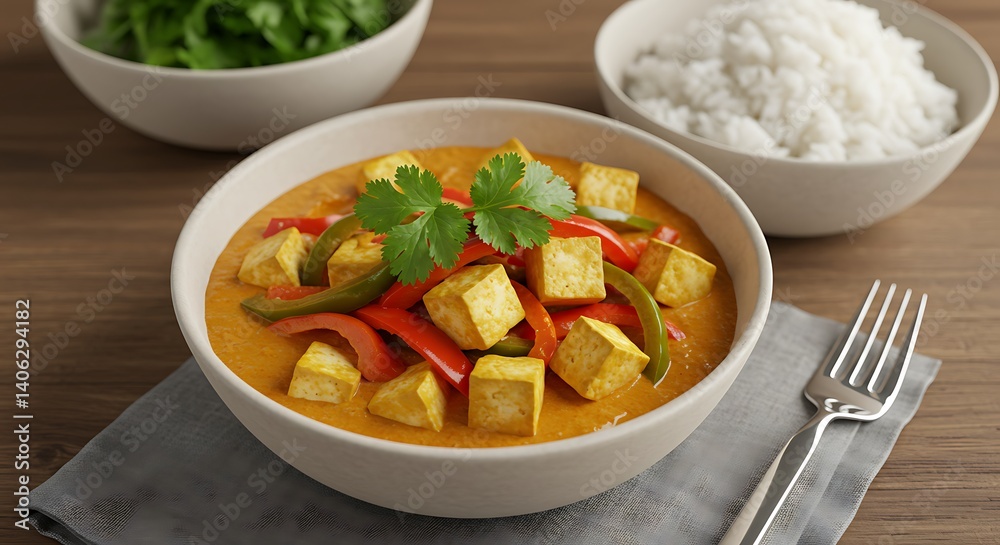 Serving Tofu Curry with Rice and Greens on Wooden Table Serving Tofu Curry with Rice and Greens on Wooden Table