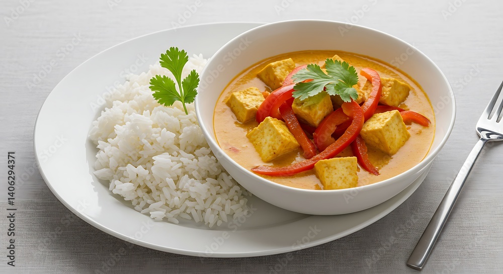 Serving of Tofu Curry with Rice and Red Bell Peppers Serving of Tofu Curry with Rice and Red Bell Peppers