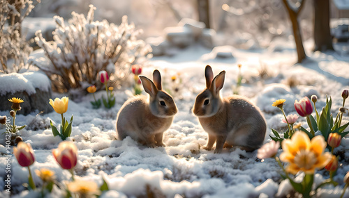 Two playful bunnies explore a frozen flower garden, surrounded by snow and color—where winter’s chill meets the warmth of life and wonde