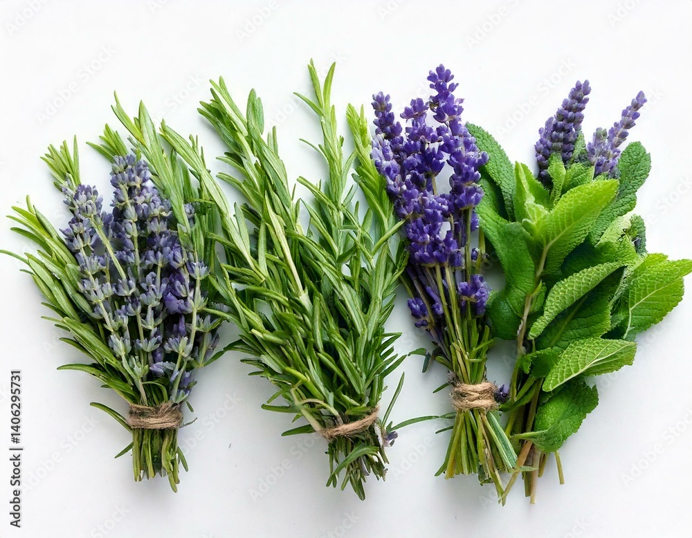 Obraz premium Rosemary, oregano, lavender, sage and thyme in pot. Creative layout with fresh potted herbs .