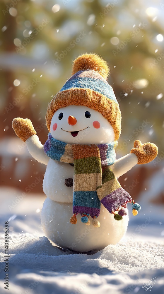 Fototapeta premium Joyful snowman in winter, snowy scene