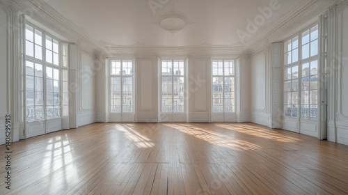 Bright, spacious room with hardwood floors, light streaming through large windows looking out to city