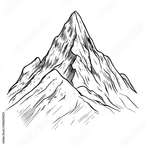 Mountain Sketch Vector, Peak Landscape, Outline Illustration, Transparent Background