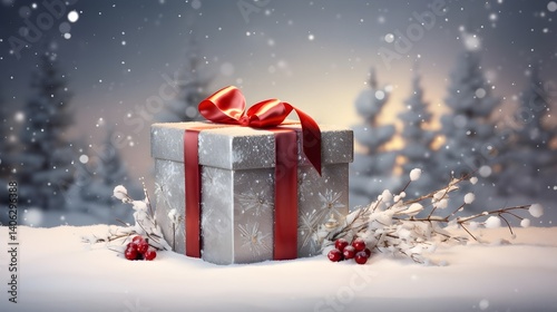 Artful composition of a gift box nestled in a winter wonderland