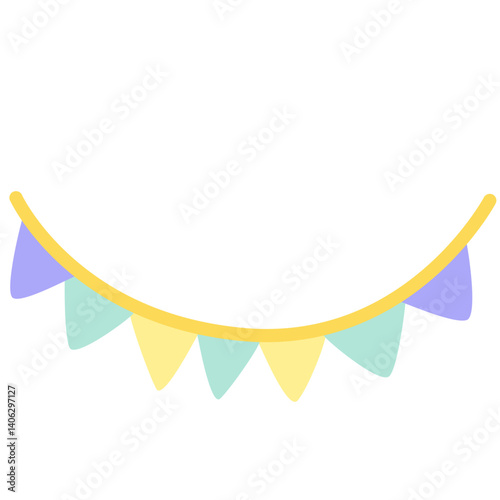 Pastel triangular bunting flags hanging on a string, perfect for party themes, festive events, celebration designs, or decorative banners in soft and cheerful color tones.