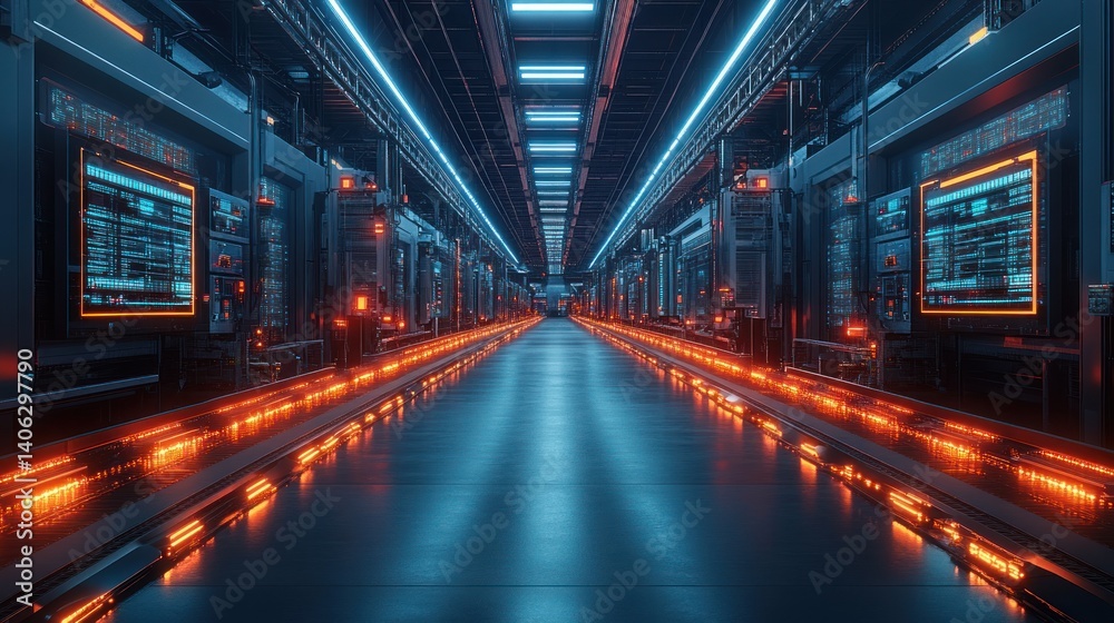 Fototapeta premium Futuristic Server Room: Neon Lights and Digital Displays