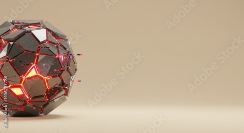 Abstract 3D Render of a Fractured Metallic Sphere with Glowing Internal Structures Against a Beige Background