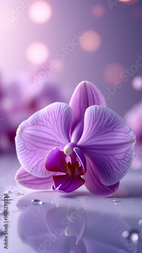 A regal purple orchid with intricate petals and dewdrops glows against a violet-silver bokeh background. Luxurious, mysterious, and elegantly ethereal.